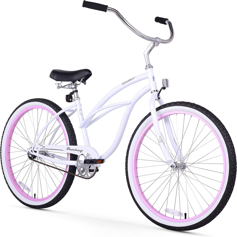Firmstrong Urban Lady Beach Cruiser Bicycle (24-Inch, 26-Inch, and Ebike) Sporting Goods > Outdoor Recreation > Cycling > Bicycles Firmstrong White/Pink Rims w/ Black Seat 15.5 inch / Large 