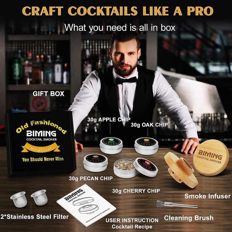 Cocktail Smoker Kit with Torch - Drink Whiskey Bourbon Smoker Infuser Kit with 4 Flavors Wood Chips, Old Fashioned Smoker Kit for Meat Cheese Salad-Gifts for Whiskey Lovers/Father/Men(No Butane) Home & Garden > Kitchen & Dining > Barware Biming   