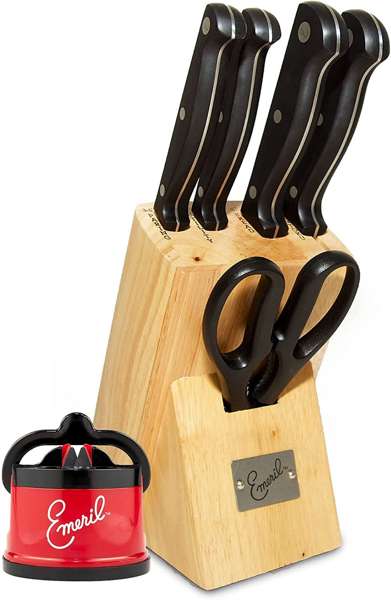 Emeril Lagasse 6-Piece Knife Block Set (Natural) + Tungsten Carbide Knife Sharpener with Suction Pad (Red) - Emeril Cutlery Set with Stamped Blades - Perfect Kitchen Knives for Produce & Sandwiches Home & Garden > Kitchen & Dining > Kitchen Tools & Utensils > Kitchen Knives Emeril Block + Sharpener  
