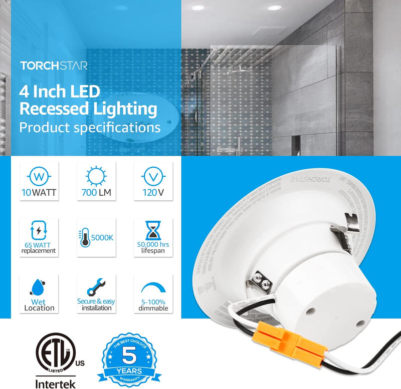 TORCHSTAR 4 Inch LED Baffle Recessed Lighting, 5%-100% Dimmable, CRI 90, Recessed Ceiling Downlight, 10W(65W Eqv.), 5000K Daylight, Damp Location Available, ETL Certified, Pack of 4 Home & Garden > Lighting > Flood & Spot Lights TORCHSTAR   