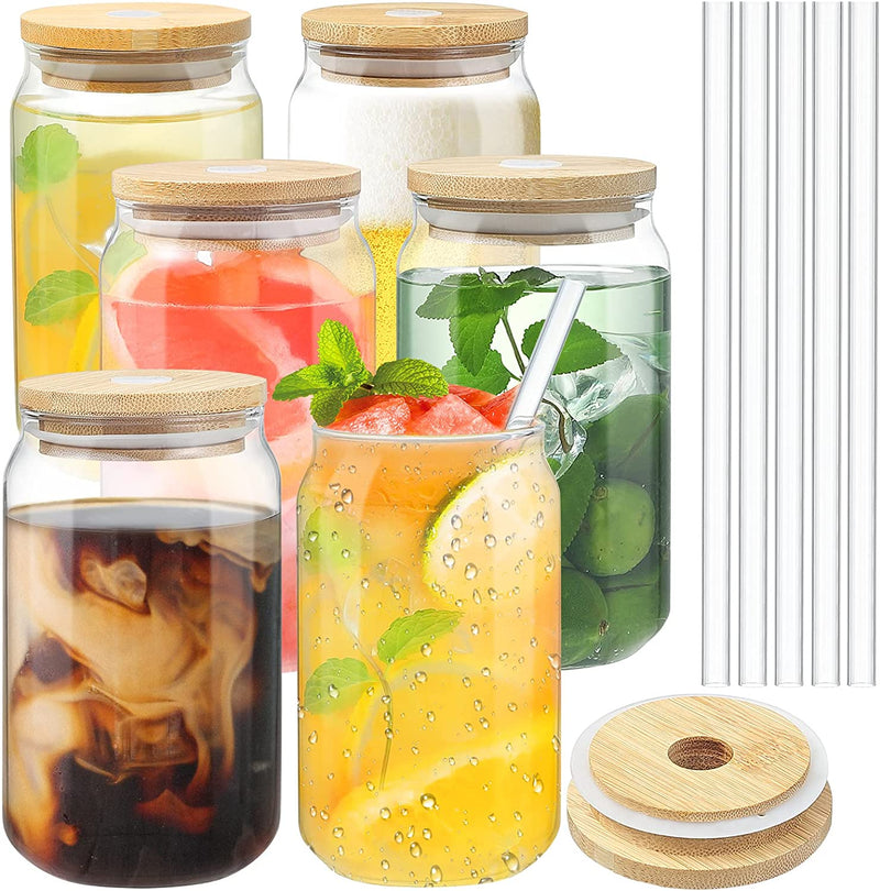 Drinking Glasses (16Oz) with Bamboo Lids and Plastic Straw, Pack of 6 Heat Resistant Wide Mouth Juice Drinking Glasses Cups for Cold Beverages & Warm Drinks Home & Garden > Kitchen & Dining > Tableware > Drinkware Yephets   