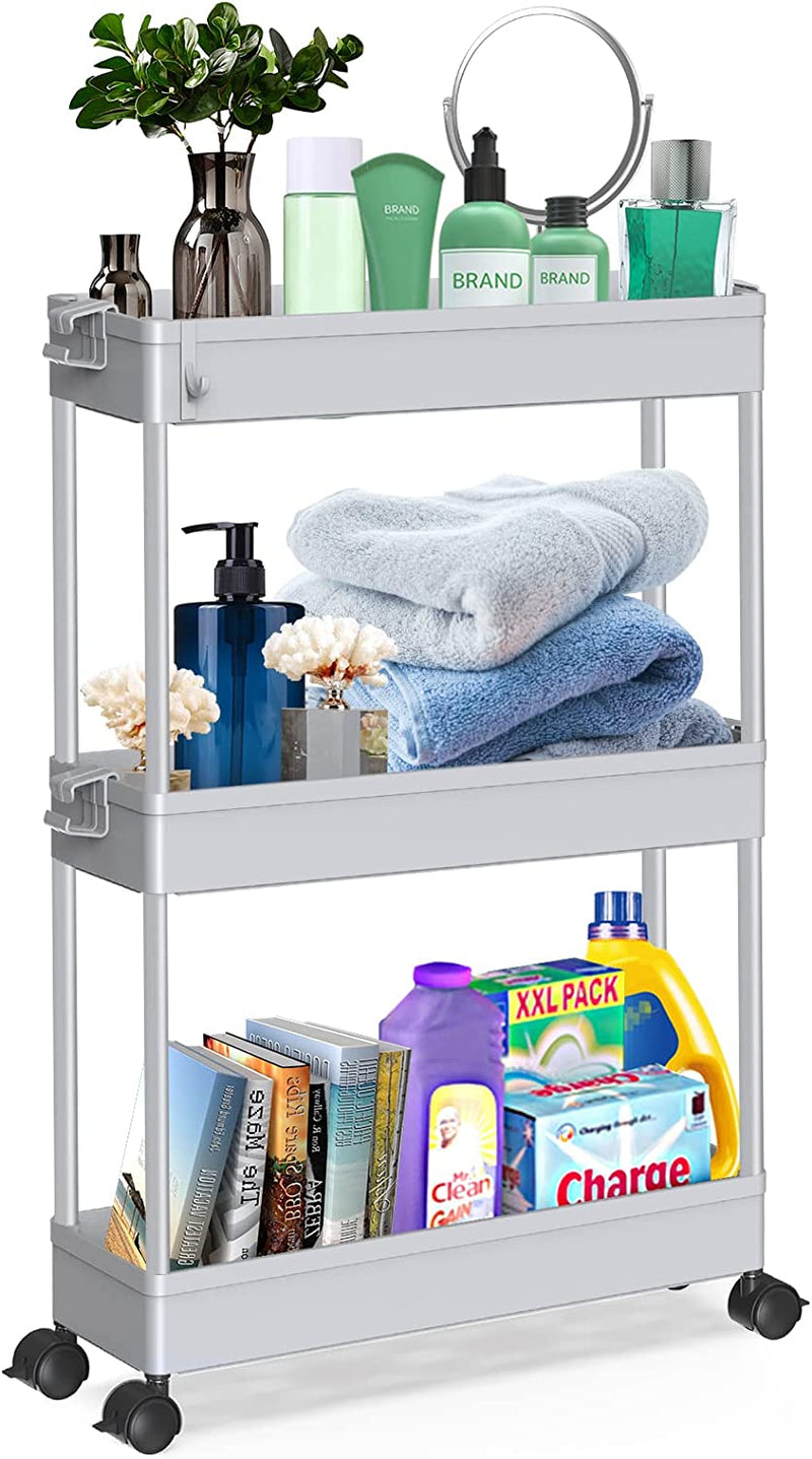 SPACEKEEPER Slim Storage Cart, 3 Tier Bathroom Storage Organizer Rolling Utility Cart Mobile Shelving Unit Slide Out Storage Tower Rack for Kitchen Laundry Narrow Places, Grey, 2 Pack Home & Garden > Household Supplies > Storage & Organization SPACEKEEPER   