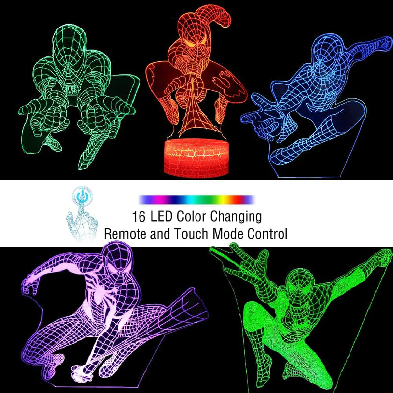 Superhero Night Light for Kids, 5 Patterns Spiderhero 3D Anime Illusion Lamp with 16 Colors Changing Remote Smart Touch Lights Bedroom-Gamer Room Gifts Toys for Boys Men Christmas Birthday Gifts