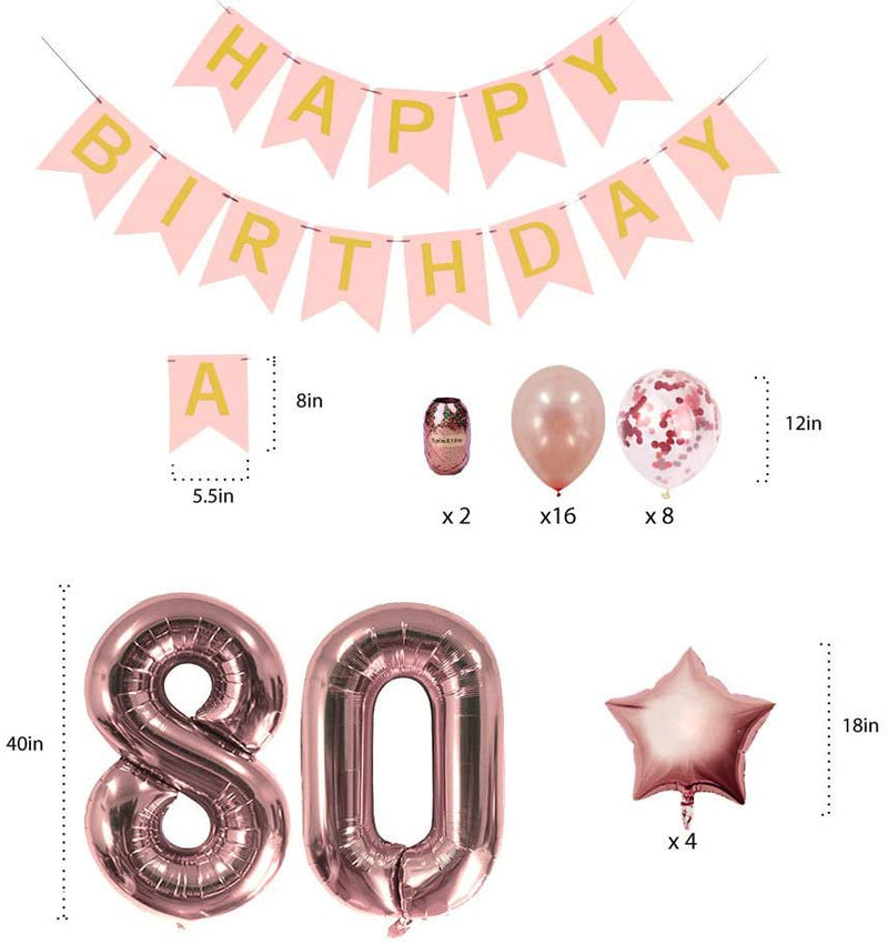Rose Gold 80Th Birthday Decorations Party Supplies Gifts for Women - Create Unique Events with Happy Birthday Banner, 80 Number and Confetti Balloons