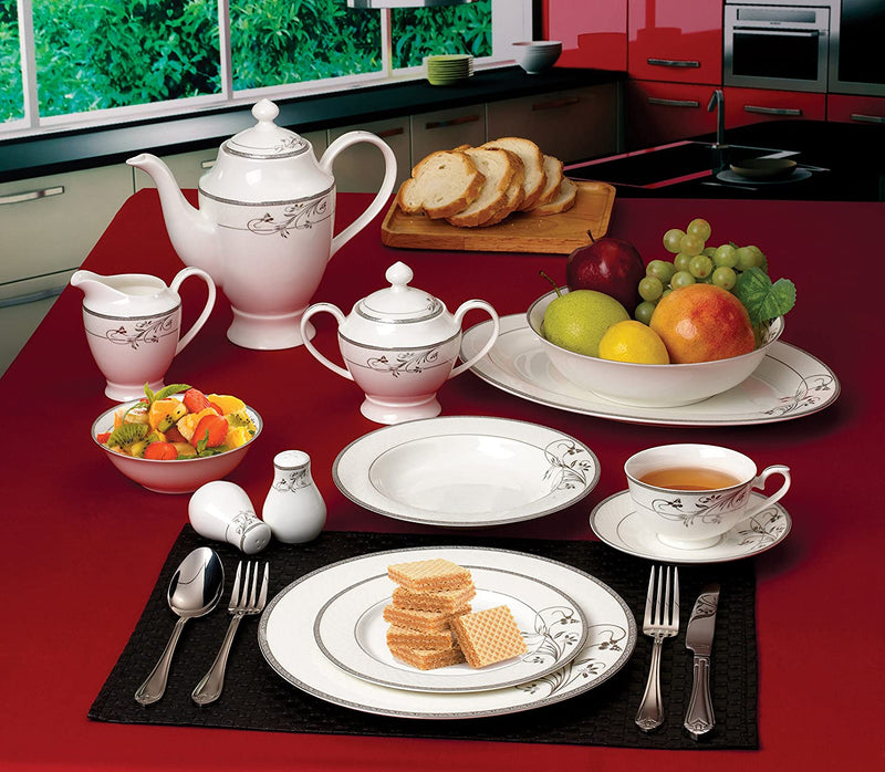Lorenzo 57 Piece Elegant Bone China Service for 8 Viola Dinnerware Sets, Silver Home & Garden > Kitchen & Dining > Tableware > Dinnerware LORENZO   