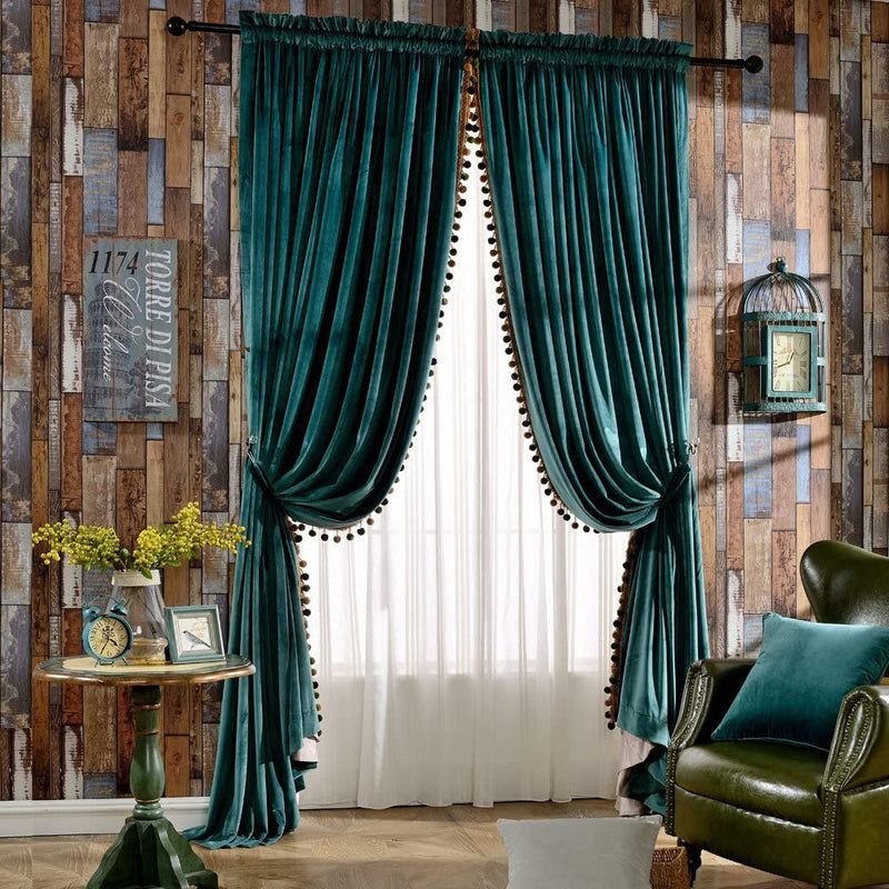 Melodieux Luxury Pom Poms Velvet Curtains for Bedroom Living Room Thermal Insulated Rod Pocket Drapes, 52X84 Inch, Royal Blue (1 Pair) Home & Garden > Decor > Window Treatments > Curtains & Drapes Melodieux Green - Lined W100 x L84 