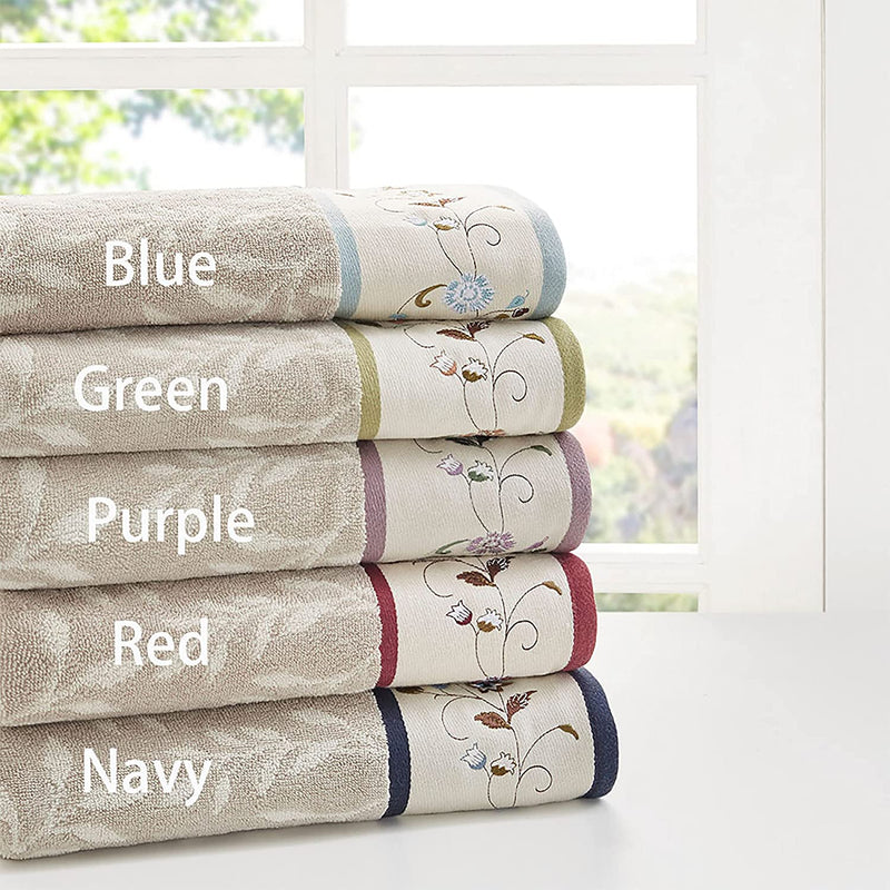 Madison Park Serene 100% Cotton Bath Towel Set Luxurious Floral Embroidered Cotton Jacquard Design, Soft and Highly Absorbent for Shower, Multi-Sizes, Purple 6 Piece