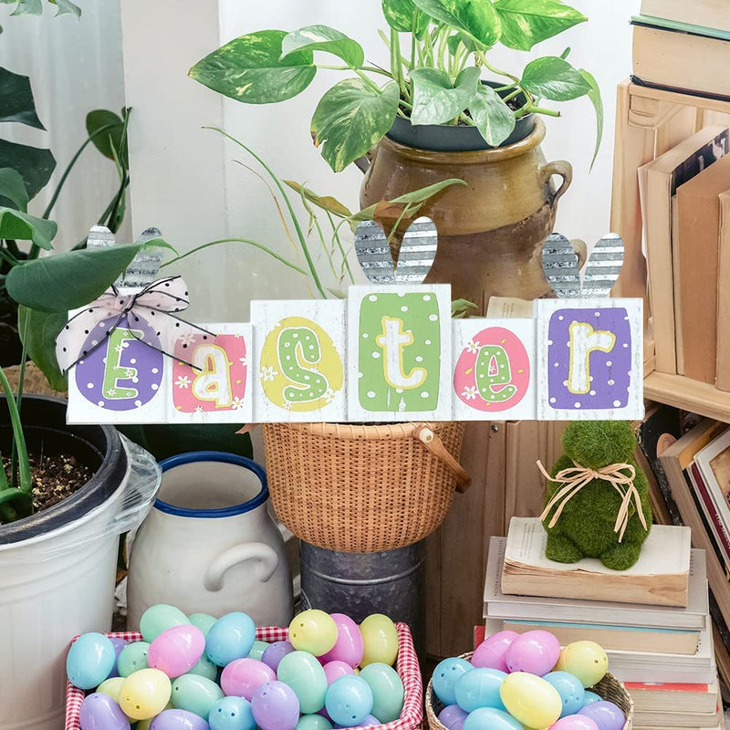 Easter Decorations for the Home, Hogardeck Easter Bunny Table Decor Wood Sign, Colorful Wooden Block Signs with Metal Bunny Ears Dots Bow Table Centerpiece Farmhouse Decor for Party Fireplace Tiered Tray