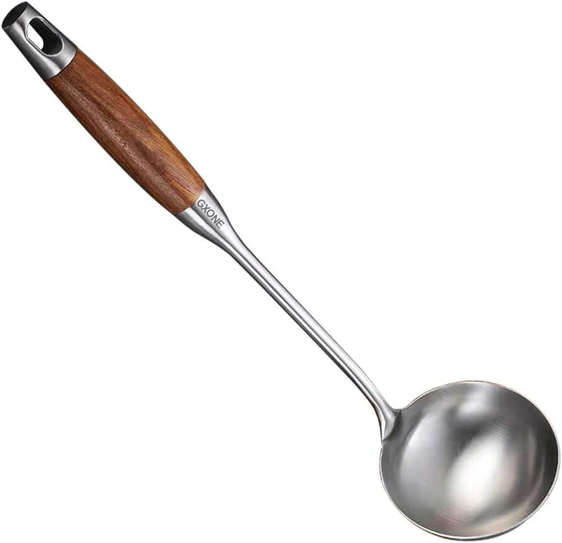 Soup Ladle ,304 Stainless Steel Cooking Ladle Spoon Wok Tools with Long Wooden Handle Heat Resistant,Silver/14.6Inch Home & Garden > Kitchen & Dining > Kitchen Tools & Utensils GXONE Wooden Handle  