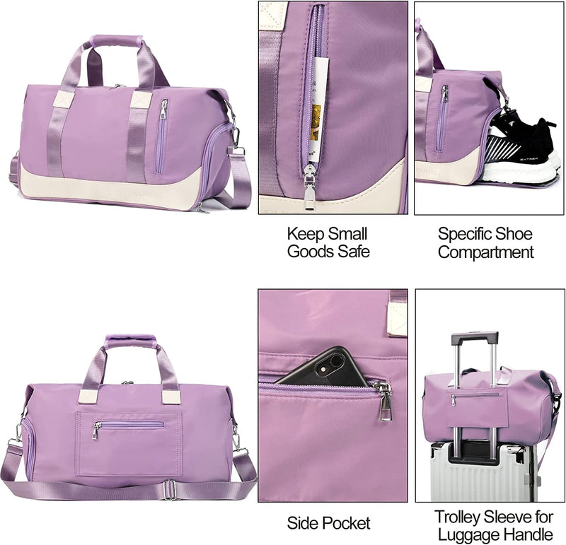 Sports Gym Bag, Travel Duffel Bag with Wet Pocket & Shoes Compartment Weekender Bag for Women and Men, Purple
