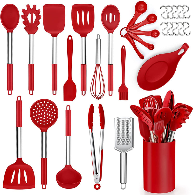 Herogo 30-Piece Cooking Utensils Set with Holder, Silicone Kitchen Utensils Set with Stainless Steel Handle, Heat Resistant Cooking Gadget Tools for Nonstick Cookware, Dishwasher Safe, Gray Home & Garden > Kitchen & Dining > Kitchen Tools & Utensils Herogo Red  