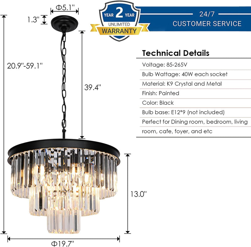 Weesalife Modern Crystal Chandeliers Contemporary Ceiling Lights Fixtures 9 Lights Farmhouse Pendant Lighting Dining Room Living Room 3-Tier Chandelier W19.7 Inches, Black Home & Garden > Lighting > Lighting Fixtures > Chandeliers ZYuan Lighting   