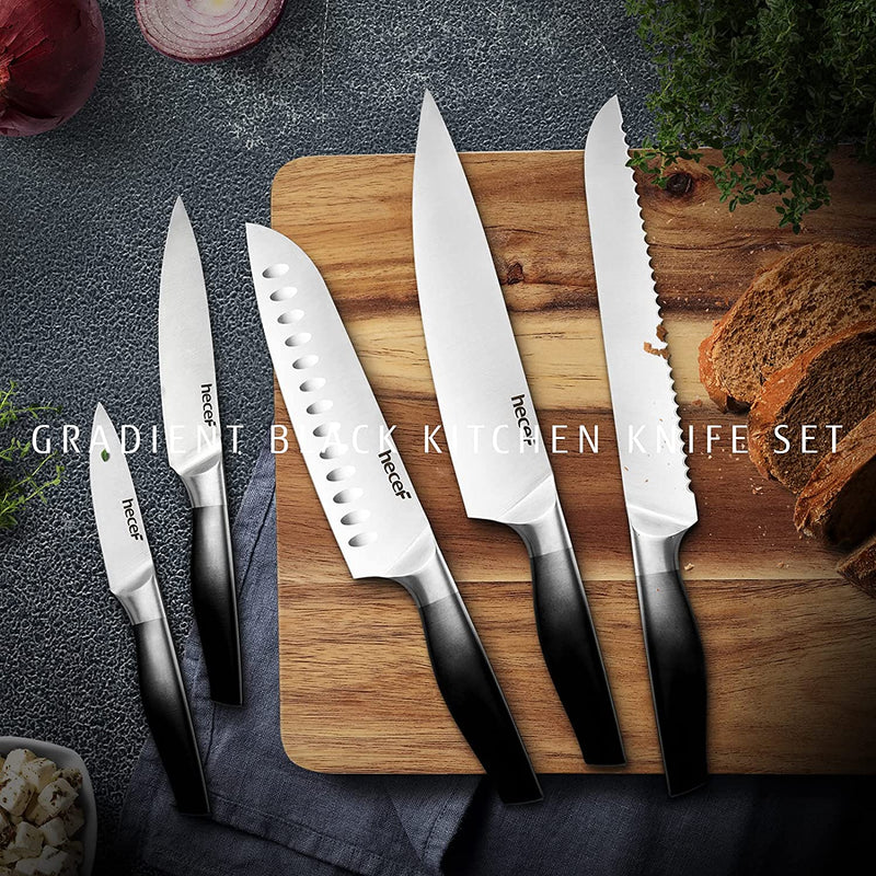 Hecef Gradient Black Kitchen Knife Set of 5, Chef Knife Set with Satin Finished Blade & Hollow Handle & Protective Sheaths, Includes Chef, Santoku, Bread, Utility & Paring Knife Home & Garden > Kitchen & Dining > Kitchen Tools & Utensils > Kitchen Knives hecef   