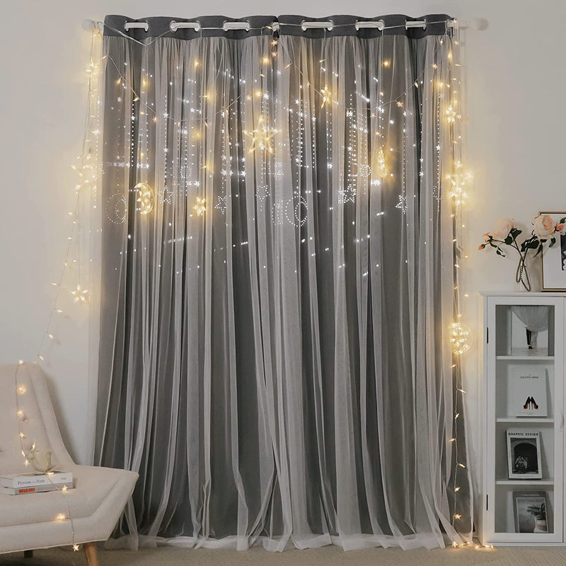 NICETOWN Stars and Moon Hollow-Out Blackout Curtains for Kids Room / Nursery, Grommet Top 2 Layer Window Treatment Curtain Panels for Living Room / Thanksgiving (2-Pack, W52 X L84 Inches, Navy Blue) Home & Garden > Decor > Window Treatments > Curtains & Drapes NICETOWN Grey W52 x L84 