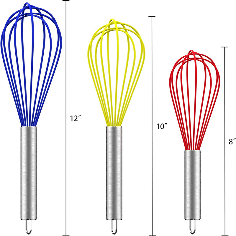 Hibery 3 Pack Silicone Whisk 8"+10"+12", (Upgraded) Stainless Handle Wisk Kitchen Tool, Sturdy Balloon Kitchen Whisks for Cooking, Blending, Whisking, Beating, Stirring