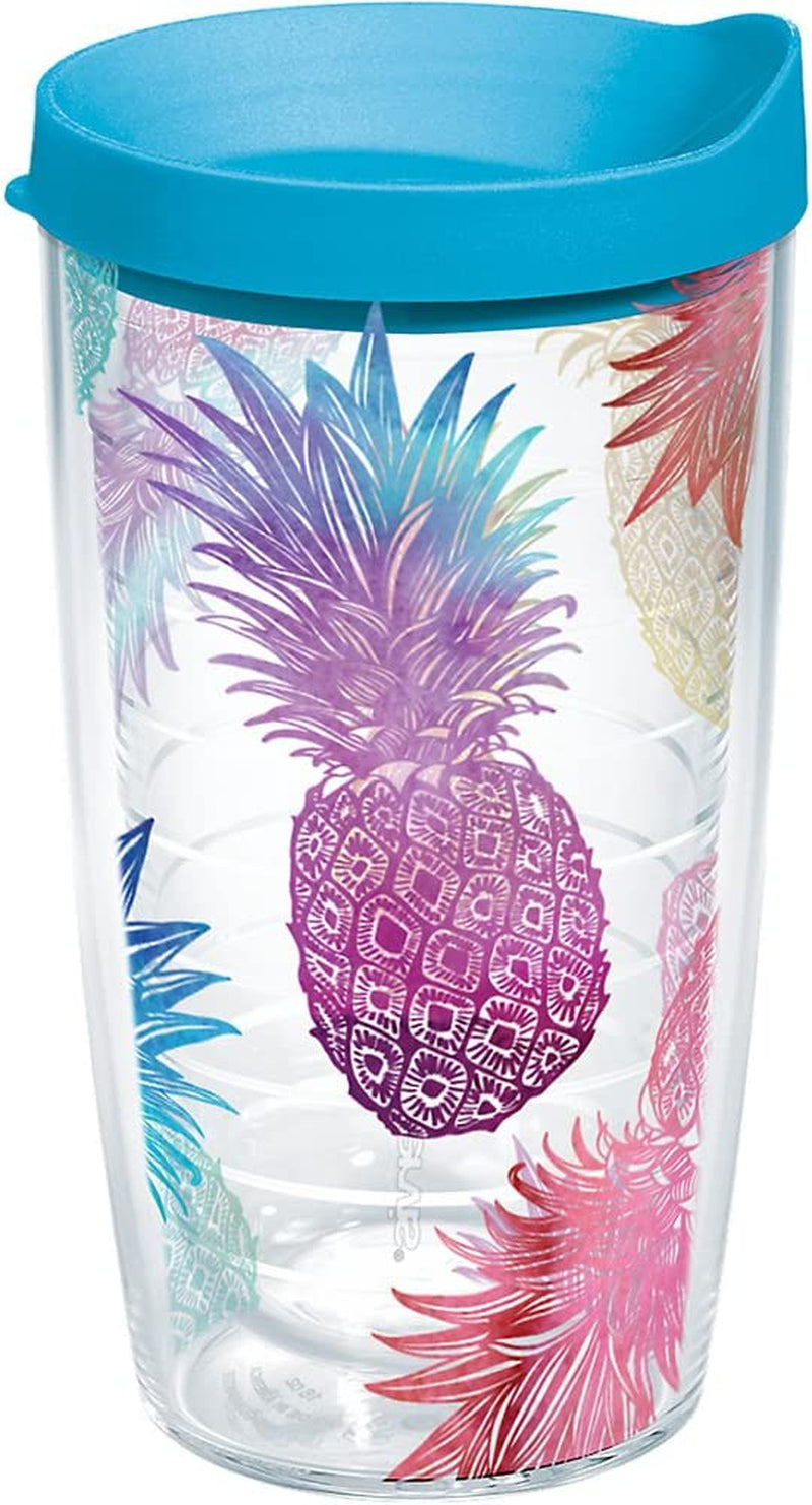 Tervis Watercolor Pineapples Tumbler with Wrap and Turquoise Lid 16Oz, Clear
