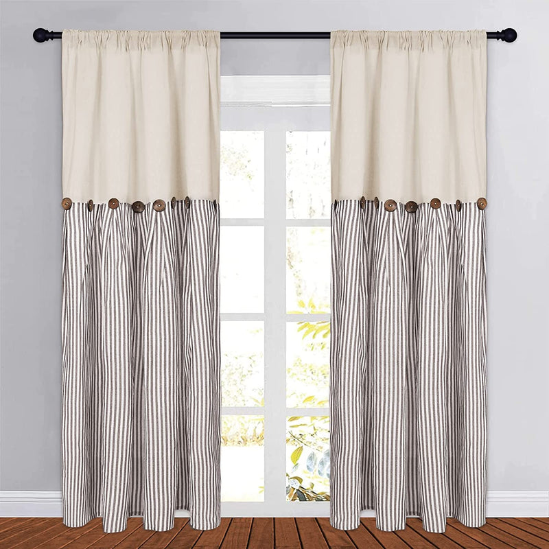 Cotton Linen Farmhouse Curtains Boho Rustic Button Curtains Natural and Dark Grey Stripe Color Block Curtain Rod Pocket & Back Tab Window Drapes for Bedroom Living Room(52 X 84 Inch, 2 Panels) Home & Garden > Decor > Window Treatments > Curtains & Drapes BLEUM CADE Brown Stripe W52 x L84 
