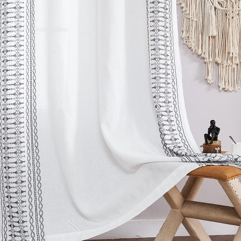 JINCHAN Boho Curtains for Bedroom White Linen for Living Room Window Curtains Gray Embroidered Bordered Drapes 84 Inch Length 2 Panels Bohemian Light Filtering Grommet Window Treatment Grey on White Home & Garden > Decor > Window Treatments > Curtains & Drapes jinchan   