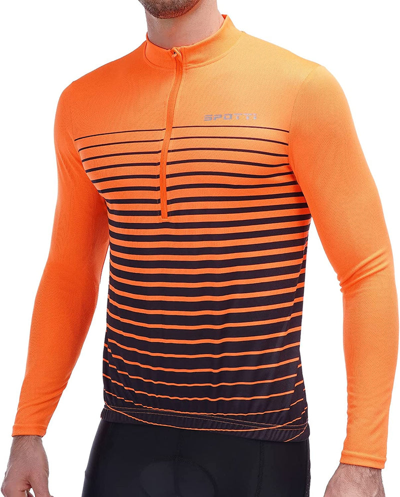 Spotti Men'S Cycling Bike Jersey Long Sleeve with 3 Rear Pockets - Moisture Wicking, Breathable, Quick Dry Biking Shirt Sporting Goods > Outdoor Recreation > Cycling > Cycling Apparel & Accessories Spotti Orange Stripe Small 