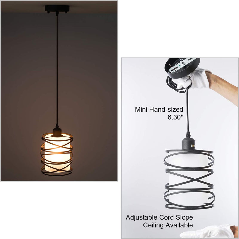 Modern Mini Pendant Light Fixture Kitchen Island Pendant Lighting 6.30''Matte Black Spiral Cage and Handblown Frosted Haze Glass Shade Hanging Lamp Adjustable Cord for Christmas Gift,Dining Room Home & Garden > Lighting > Lighting Fixtures FISGONI   