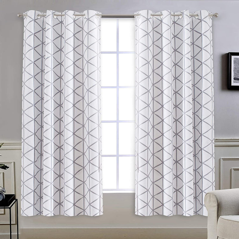 Driftaway Raymond Geometric Triangle Trellis Pattern Lined Thermal Insulated Blackout Grommet Energy Saving Window Curtains 2 Layers 2 Panels Each 52 Inch by 84 Inch Soft White and Gray Home & Garden > Decor > Window Treatments > Curtains & Drapes DriftAway Grey 52"x63" 