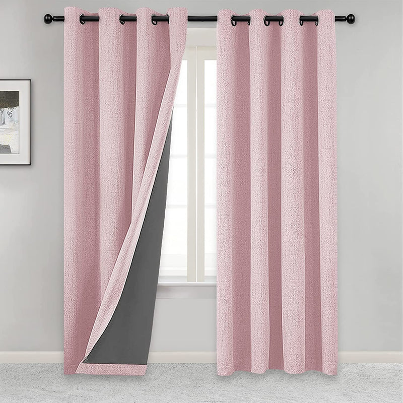 ROSE HOME FASHION Blackout Curtains for Bedroom, Primitive Linen Look, 100% Blackout Curtains Linen Blackout Curtains, Grommet Curtains for Living Room, Burlap Curtains-2 Panels (50X84 Pink)