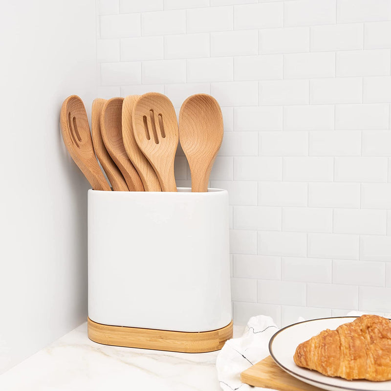 Large Kitchen Utensil Holder for Countertop with Bamboo Wooden Base | Minimalistic Cooking Utensils | Farmhouse White Ceramic Tool Crock | Cylindrical Oval Shape | Counter Organizer for Spatula