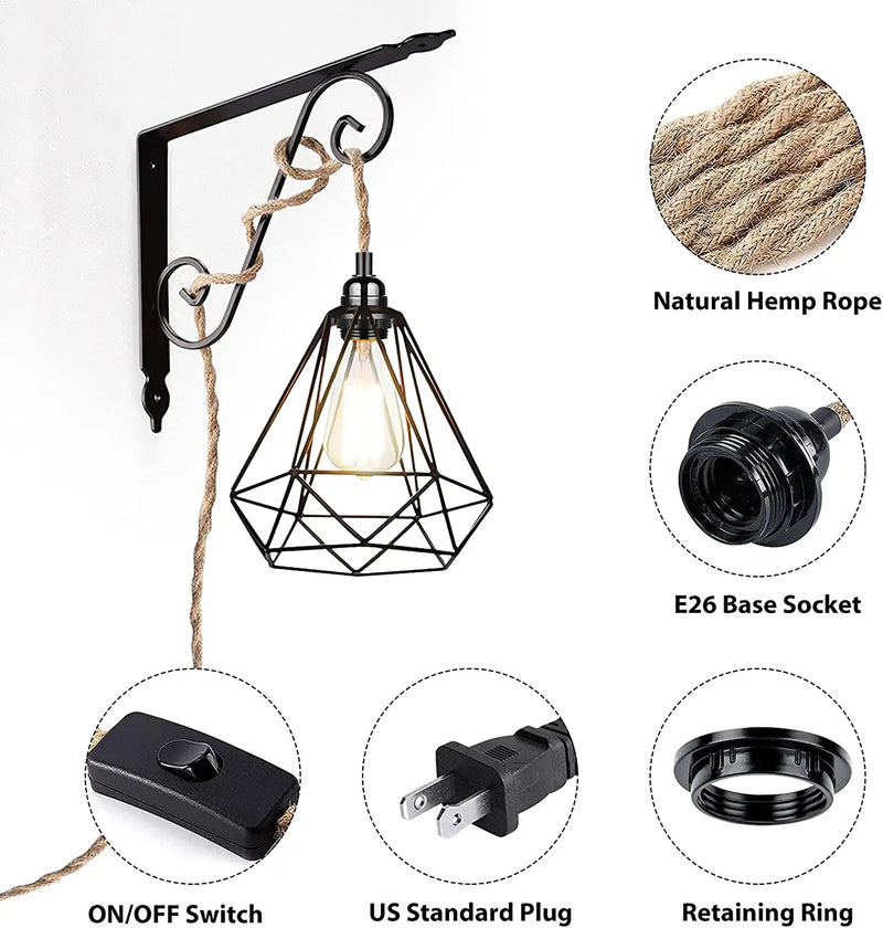 Plug in Hanging Light Fixture, 15FT Pendant Lamp Lights Cord with Switch Cord E26 Bulbs Socket, Industrial DIY Twisted Hemp Rope Overhead Lamps for Farmhouse Bedroom Home Lighting Decors Home & Garden > Lighting > Lighting Fixtures HURYEE   
