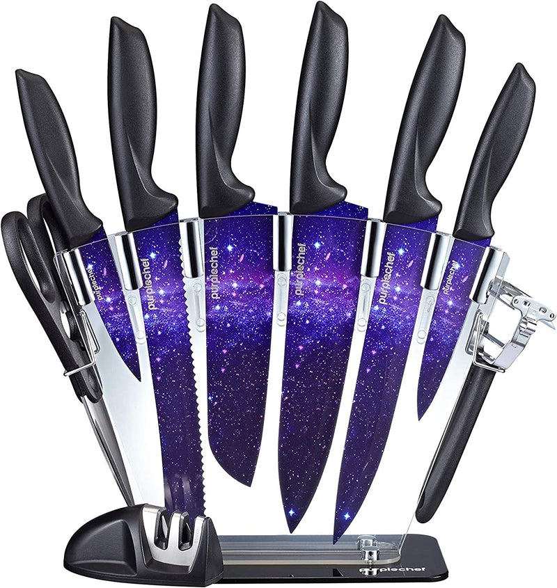 Purplechef 10 Pieces Purple Galaxy Kitchen Knives Set. Includes 6 Stainless Steel Knives, Scissors, Knife Sharpener, Peeler, and Clear Acrylic Stand. Home & Garden > Kitchen & Dining > Kitchen Tools & Utensils > Kitchen Knives purplechef Purple Galaxy  