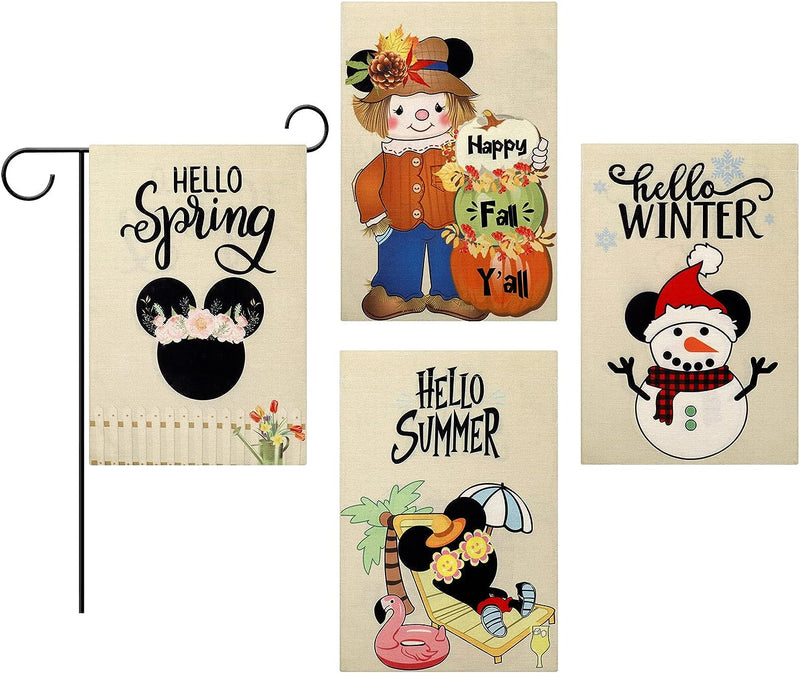 Ahlsenl 4 PCS Seasonal Garden Flags, 12.4 X 18.1 Inch Fall Yard Flags Winter Double Sided Cartoon Mouse Burlap House Flags for Thanksgiving Home Outdoor Lawn Spring Summer Signs  AhlsenL   