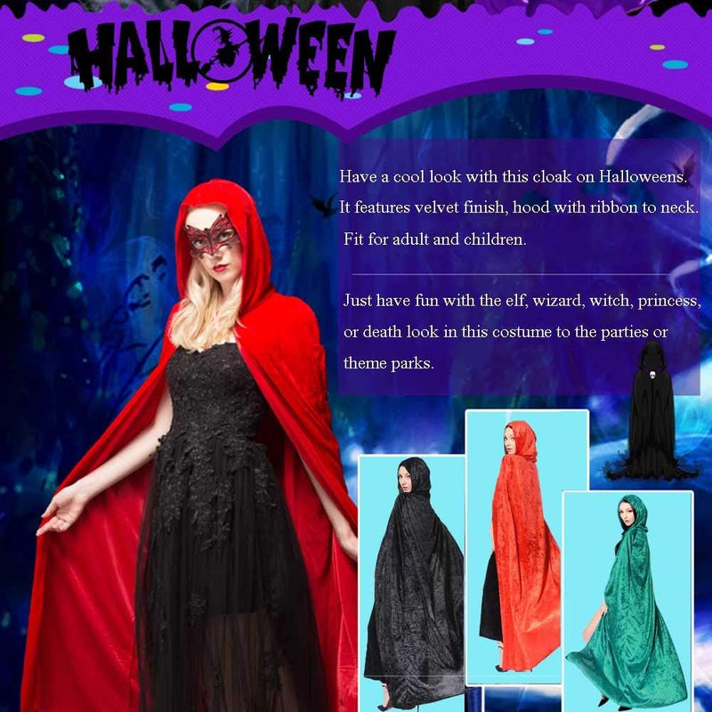 Halloween Hooded Cloak Full Length Velvet Cape with Hood for Halloween Cosplay Costume,59 Inch  iShyan   