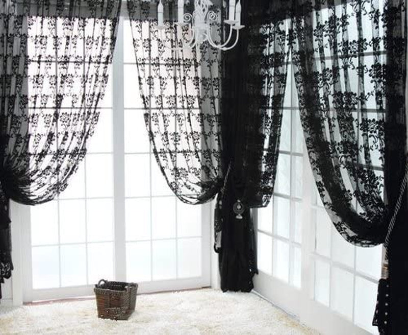 Navadeal 2 Panels Handmade Halloween Gothic Black Lace French Curtain Drape, Rod Pocket, Elegant Vintage Dark Sheer Window with Floral Embroidery Hem, for Parlor Living Room Canopy Bed, 59W X 83L Inch Home & Garden > Decor > Window Treatments > Curtains & Drapes JIUFAN   