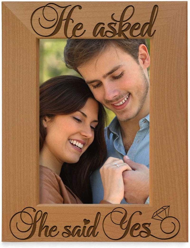Kate Posh - He Asked, She Said Yes Engraved Natural Wood Picture Frame - Engagement Gifts, Best Friends Gifts, Valentine'S Day Gifts, Christmas Gifts, Future Mr. & Mrs. Gifts (5X7-Vertical)