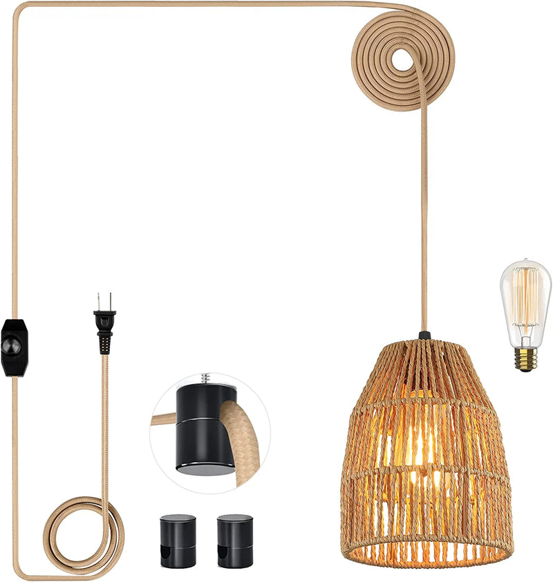 Plug in Pendant Light, Hanging Lights with 15Ft Golden Cotton Cord & Stepless Dimming Switch, Handwoven Hemp Rope Lampshade, Boho Hanging Lamp for Dining Room,Hallway (Bulb & 2 Swag Hooks Included) Home & Garden > Lighting > Lighting Fixtures Cinkeda Small  