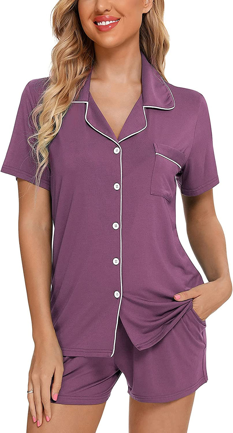 Samring Women'S Button down Pajama Set V-Neck Short Sleeve Sleepwear Soft Pj Sets S-XXL  Samring B Style Pants With Pockets- Purple Medium 
