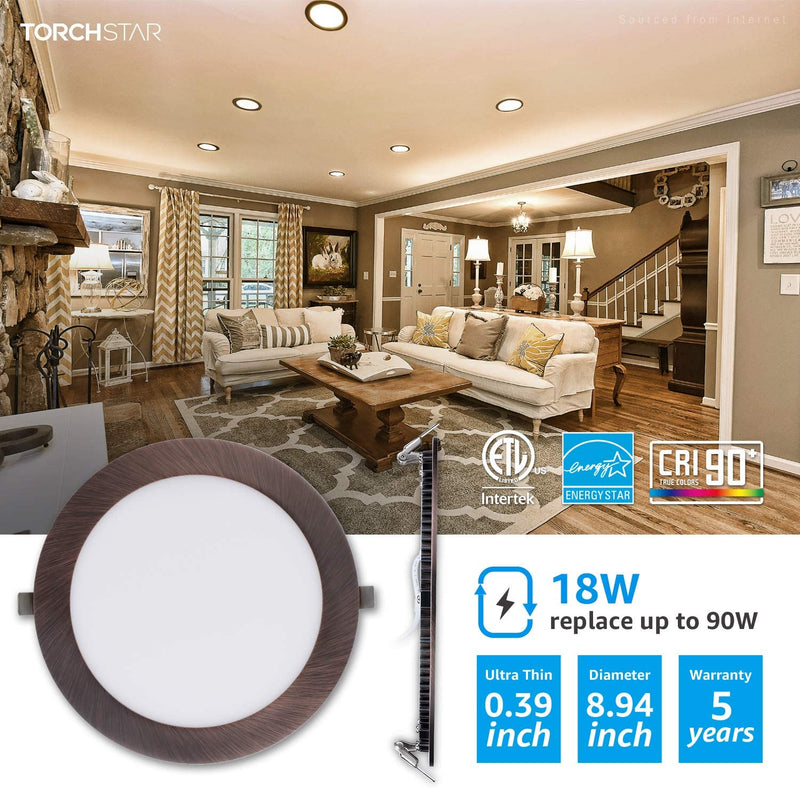 TORCHSTAR 24-Pack Premium 18W 8-Inch Ultra-Thin LED Recessed Light with J-Box, 3000K Warm White, Dimmable Slim Panel Downlight, ETL & Energy Star Listed, Oil Rubbed Bronze Finish