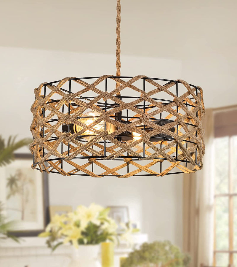 AMZASA Plug in Pendant Light Boho Woven Haning Lamp with 14.8FT Hemp Rope Cord,On/Off Switch Wicker Rattan Black Drum Cage Farmhouse Rustic Chandelier for Bedroom Living Room Dining Room Home & Garden > Lighting > Lighting Fixtures ASA 2 Lights Pendant Light  