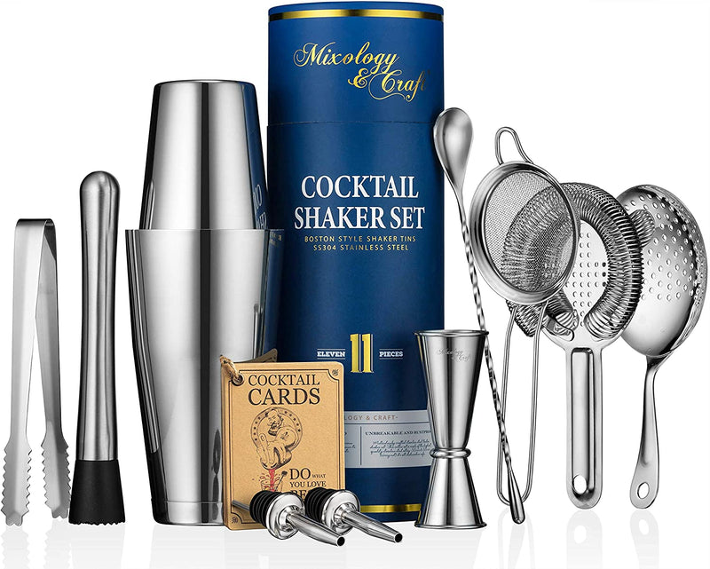 Mixology & Craft Cocktail Shaker Set - 11-Piece Bar Accessories Kit W/ Weighted Boston Shaker, Strainer, Jigger, Muddler and More - Home Bartending Tools, Accessories for Bartender, Silver﻿ Home & Garden > Kitchen & Dining > Barware Mixology & Craft Silver  