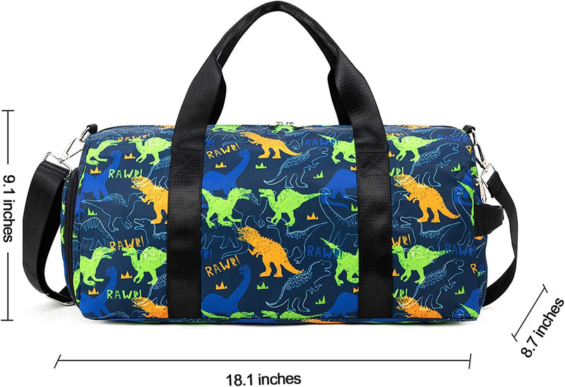Duffle Bags for Kids Boys Gym Tote Bag Sports Overnight Travel Duffle with Shoe Compartment and Wet Pocket (Dinosaur Dark Blue) Home & Garden > Household Supplies > Storage & Organization Bluboon   
