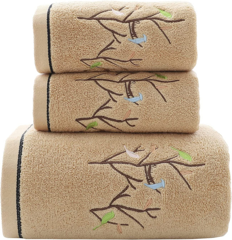 Pidada Hand Towels Set of 2 Embroidered Bird Tree Pattern 100% Cotton Highly Absorbent Soft Luxury Towel for Bathroom 13.8 X 29.5 Inch (Brown) Home & Garden > Linens & Bedding > Towels Pidada Brown Towel Set 27.6 x 55 & 13.8 x 29.5 