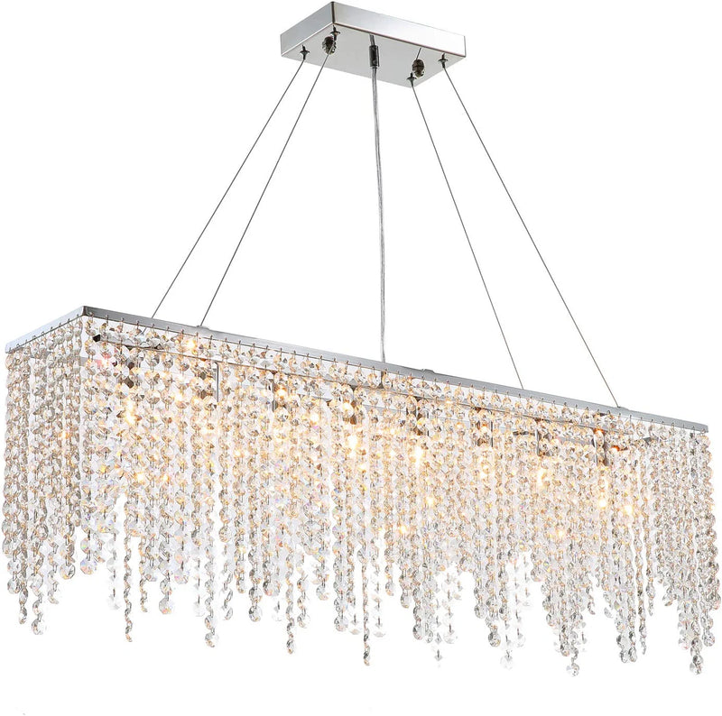 7PM Rectangle Crystal Chandelier Modern Chrome Chandeliers Contemporary Raindrop Hanging Lighting Fixture for Dining Room Kitchen Island 60 Inch Home & Garden > Lighting > Lighting Fixtures > Chandeliers 7PM L47''  