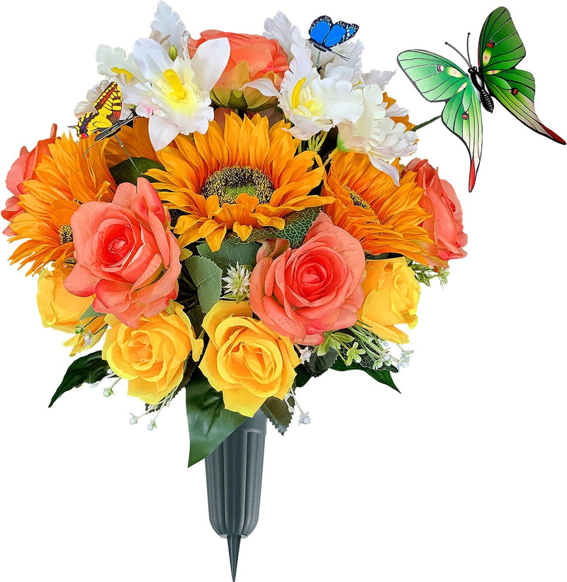 HENOMO Artificial Cemetery Flower with Vase,Headstone Flower Saddle, Non-Bleed Colors, Grave Arrangement for Sympathy,Graveside Decoration, Butterfly Include  HENOMO With Cemetery Vase  