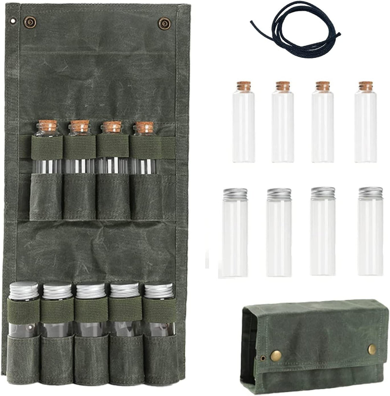 Portable Spice Bag with 9 Spice Jars, Canvas Seasoning Storage Bag Organizer, Seasoning Bottle Holder with Mini Condiment Bottle, Condiment Container Set for Outdoor Camping BBQ Picnic (Green) Home & Garden > Decor > Decorative Jars Generic   