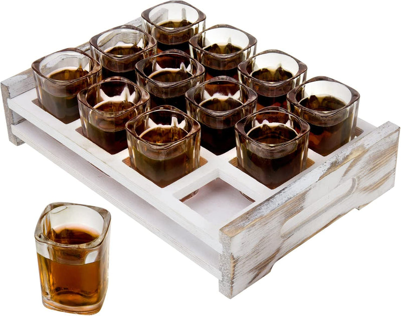Mygift Shot Glasses Server Set Includes 12 Square Glasses and Whitewashed Wood Serving Tray