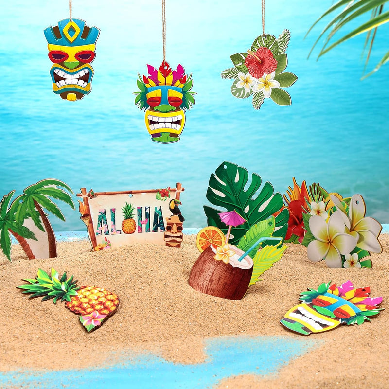 Spiareal 30 Pcs Summer Tropical Luau Hawaiian Themed Party Wood Hanging Ornaments Tiki Masks Pineapples Flower Palm Trees Turtle Leaves Ornament for Beach Christmas Decor(Classic Style)  Spiareal   