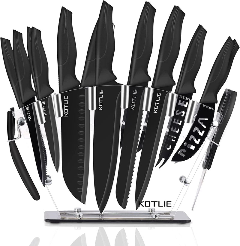 Kitchen Knife Set, KOTLIE 19-Pieces Dishwasher Safe Knife Set with Acrylic Stand, High Carbon Stainless Steel Chef Knife Set with Scissors, 6X Serrated Steak Knives, Peeler and Knife Sharpener