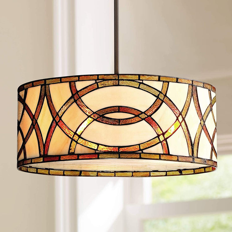 Robert Louis Tiffany Art Glass Circles Bronze Drum Pendant Chandelier Lighting 20" Wide Tiffany Style 3-Light Fixture for Dining Room House Foyer Entryway Kitchen Bedroom Living Room High Ceilings Home & Garden > Lighting > Lighting Fixtures > Chandeliers Robert Louis Tiffany   