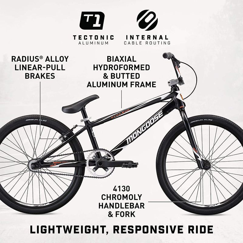 Mongoose Title BMX Race Bike with 20 or 24-Inch Wheels in Red or Black, Beginner or Returning Riders, Featuring Lightweight Tectonic T1 Aluminum Frame and Internal Cable Routing
