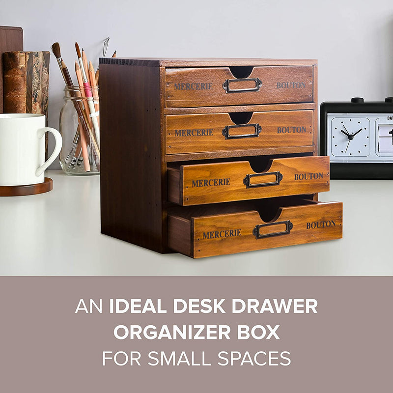 Primo Supply Home Office Desk Organizer with 4 Storage Drawers - Wooden Storage Box - Rustic Dresser - Vintage Desk Organizers and Accessories - School Supplies & Office Supplies Drawer Organizer Box