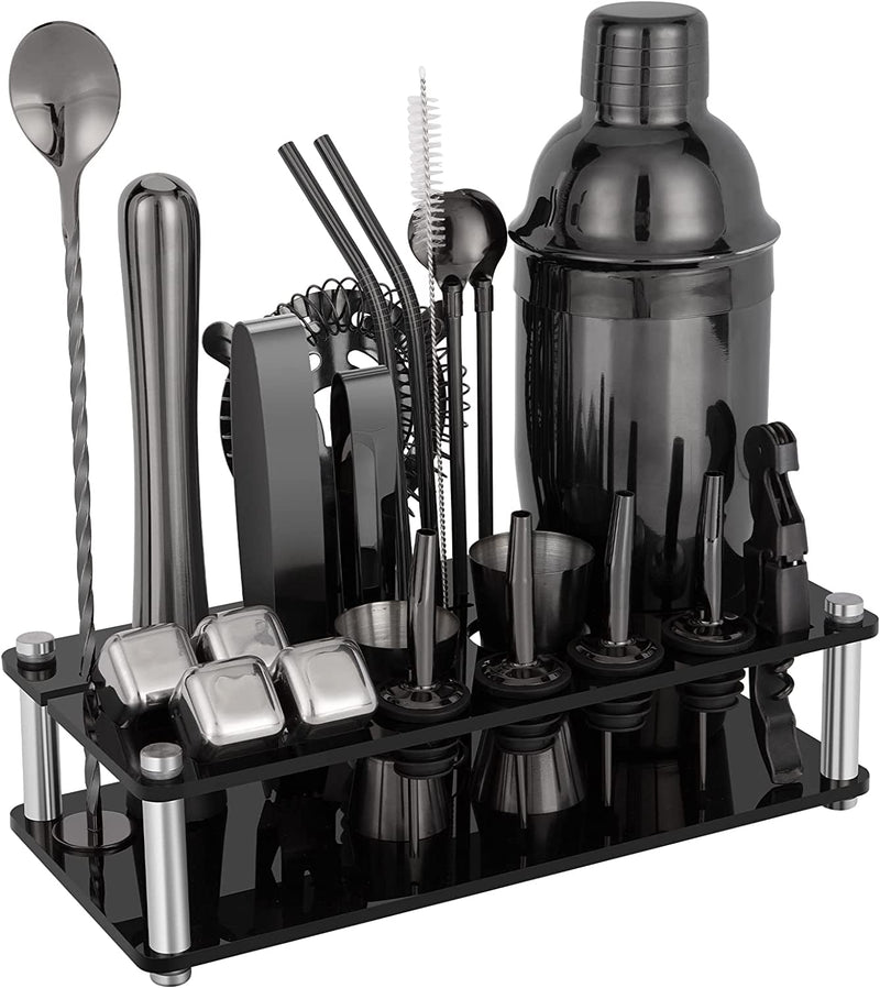 Cocktail Shaker Set, 23-Piece Stainless Steel Bartender Kit with Acrylic Stand & Cocktail Recipes Booklet, Professional Bar Tools for Drink Mixing, Home, Bar, Party (Include 4 Whiskey Stones) Home & Garden > Kitchen & Dining > Barware KINGROW Black  
